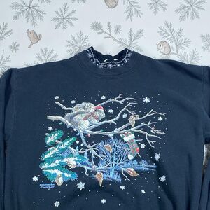 Vintage 90s Morning Sun Sweatshirt MED Squirrel Christmas Mock Neck Grannycore